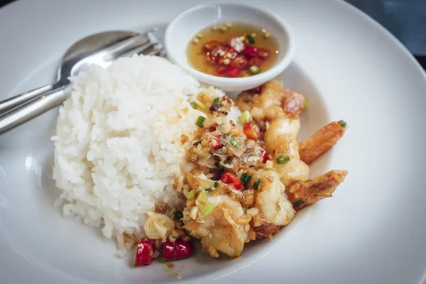 Gebakken garnalen, zout, peper met rijst / Thais voedsel — Stockfoto