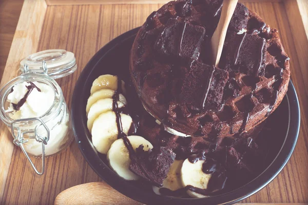 Waffle chocolate with banana — Stock Photo, Image
