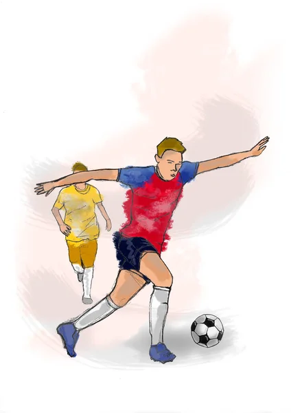 İki erkek futbolcu, takım, kırmızı gömlek, sarı gömlek.