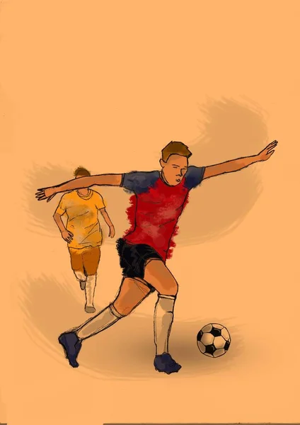 İki erkek futbolcu, takım, kırmızı gömlek, sarı gömlek.
