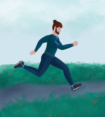 Eşofmanlı, kaslı, açık havada koşan, doğada müzik dinleyen sakallı bir adam. Eğitim tatbikatları. Maratoncu - basit düz çizim. Koşu koşusu. Sağlıklı yaşam tarzı için.