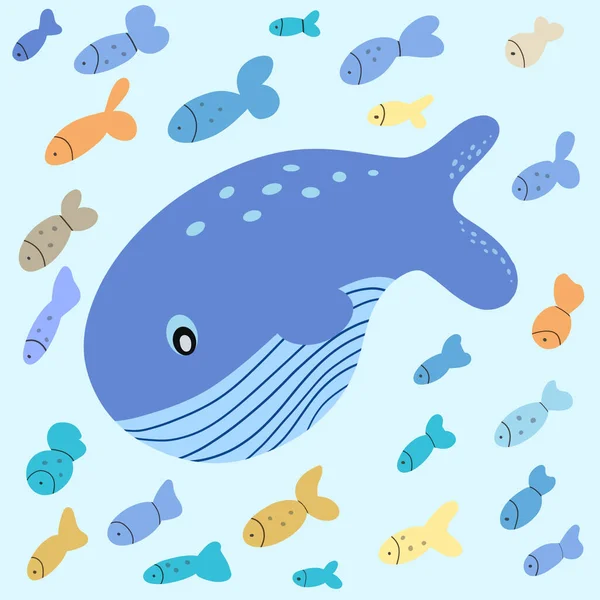 青い背景の魚に囲まれた鯨や精子クジラ 平漫画イラスト — ストック写真