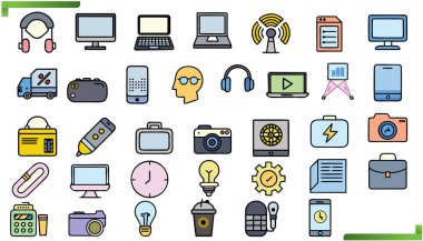 Çeşitli modern teknoloji ve iletişim araçlarını temsil eden canlı bir el çizimi dijital simge koleksiyonu