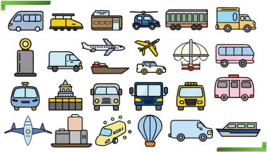 eğitici ve eğlenceli tasarımlar için çizgi film araçları ve ulaşım simgeleri