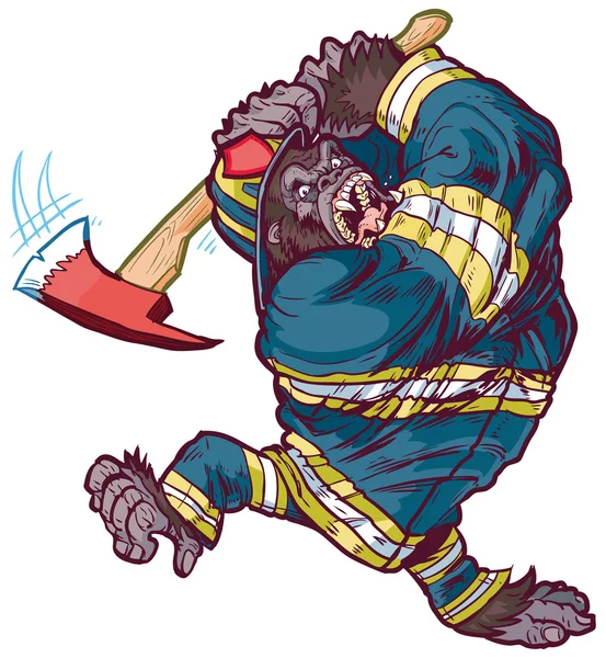 Angry Cartoon Gorilla Firefighter Swinging Fire Axe — Stock Vector