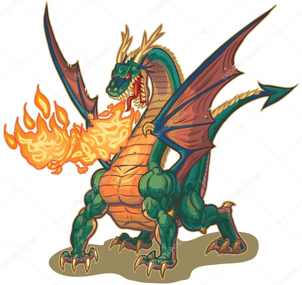 Pequeno dragão borrifou fogo de sua boca. ilustração de desenho vetorial no  estilo de ícone plano