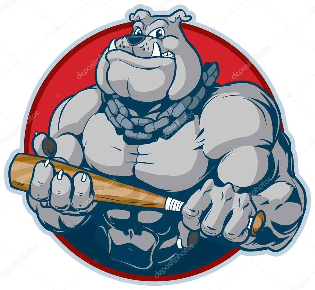 Vector cartoon clip art illustration of a tough mean muscular bulldog mascot with a chain around its neck holding a bat manacingly. designed as a bust inside a circle.