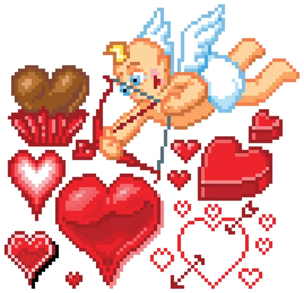 День Святого Валентина тематичні Pixel Art серця і Амур — стоковий вектор
