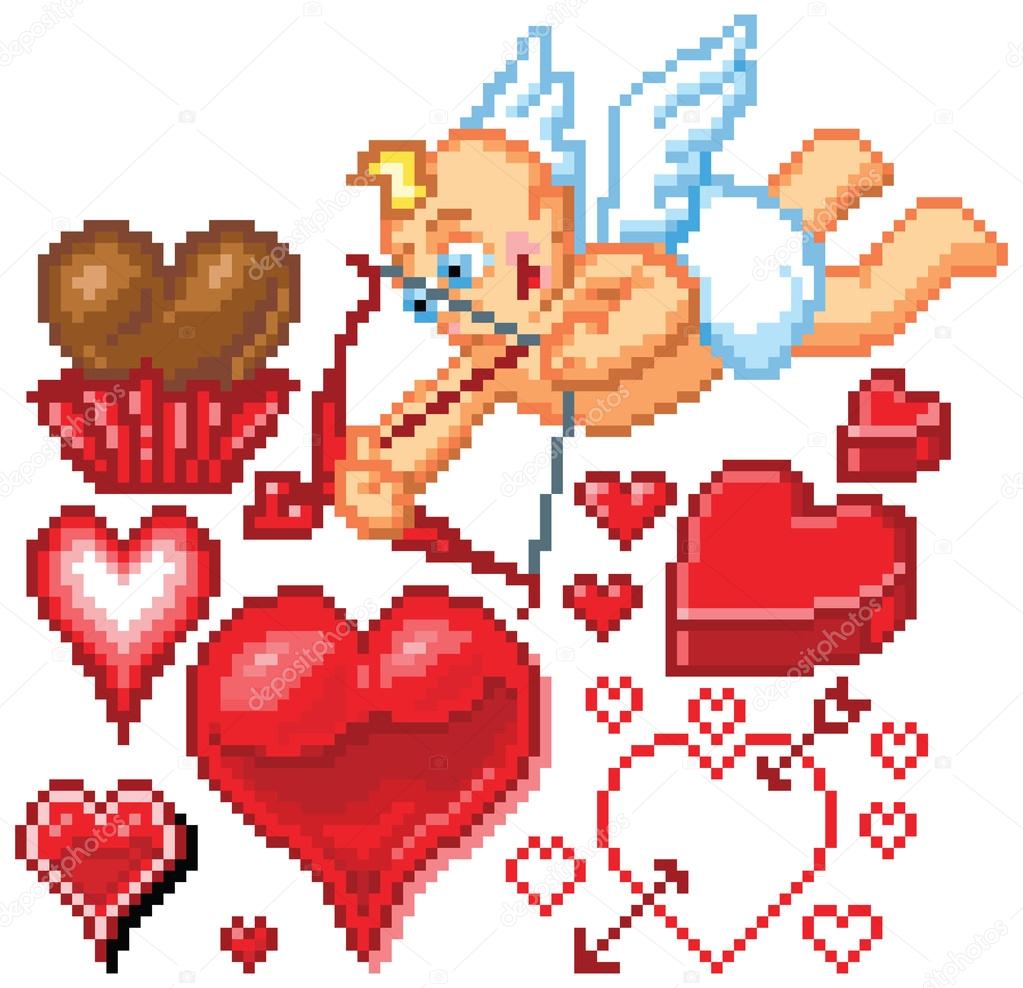 Valentines Day Themed Pixel Art Hearts and Cupid