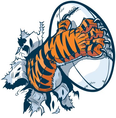 Tiger Paw Gripping Rugby Ball Ripping Out of Background vector
