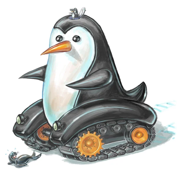 Pinguin-Panzer attackiert verängstigten Seelöwen Illustration — Stockfoto