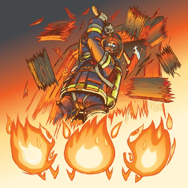 Pompiers attaque des flammes de dessin animé avec une illustration de hache — Image vectorielle