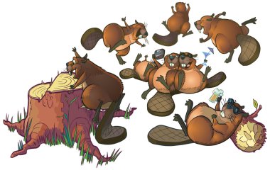 Sevimli çizgi Beavers vektör çizgi film küçük resim parti