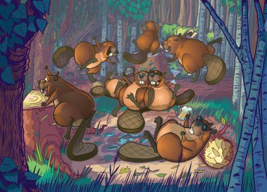 Sevimli çizgi Beavers parti bir orman açıklıkta