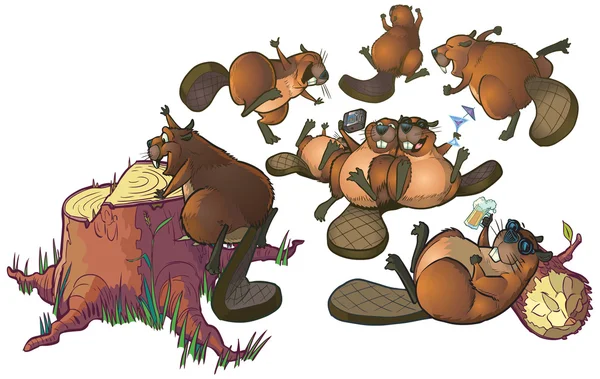 Cartoon Cute Beavers Party Vector Cartoon Clip Art - Stok Vektor