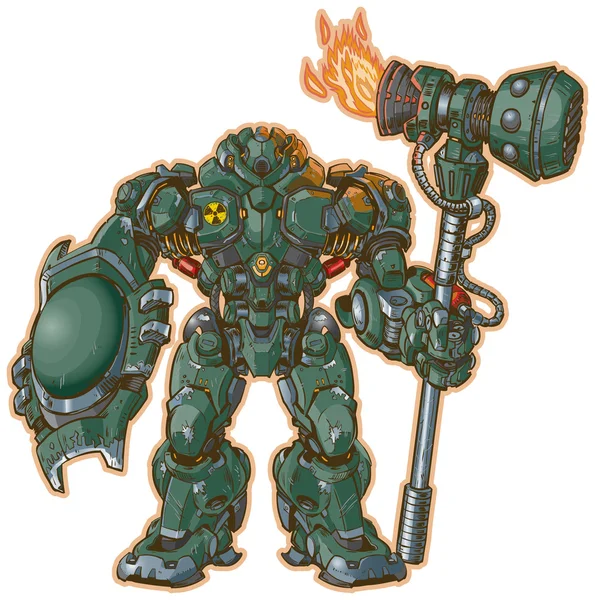 Guerreiro robô com escudo e martelo Vector Cartoon Clip Art Ilustração —  Vetores de Stock