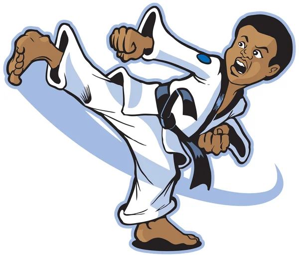 Boy Martial Artist Kicking Vector Cartoon Clip Art Illustration — Stock Vector