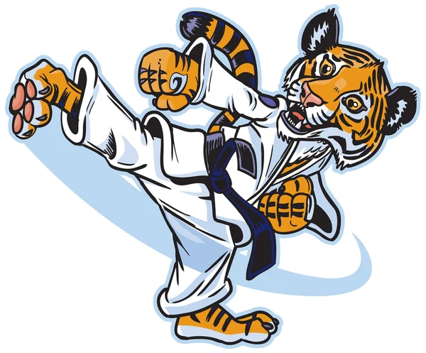 Un tigre Cub artiste martial coup de pied vectoriel dessin animé Clip Art Illustration — Image vectorielle