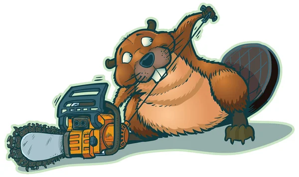 Cute Beaver Strarting Chainsaw Vector Cartoon Clip Art Illustration — Stock Vector