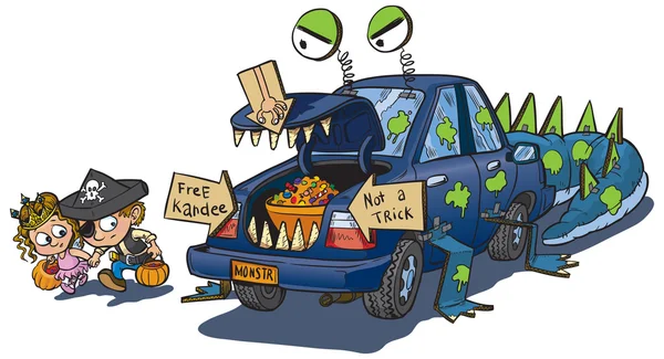 Two Kids Trunk or Treat on Halloween Vector Cartoon Clip Art Illustration — Stock Vector