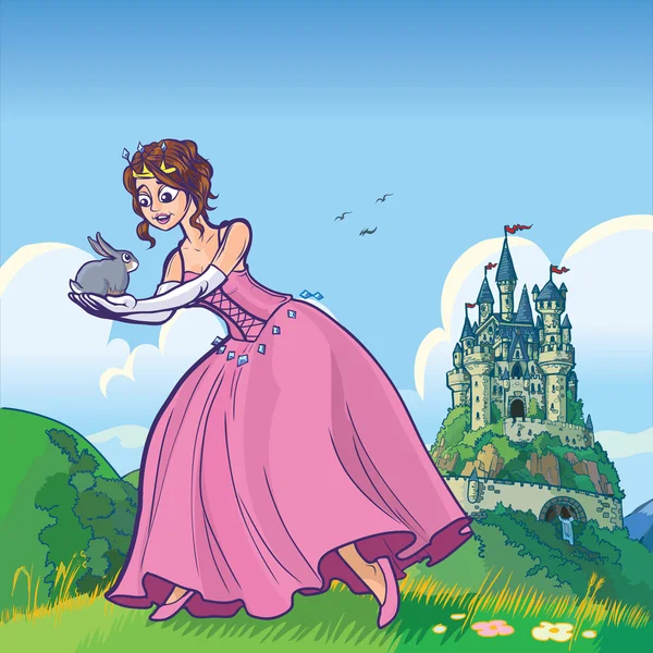 Princesa sosteniendo conejo con castillo vector de dibujos animados — Vector de stock
