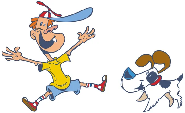 Retro stijl vector cartoon van een springende gelukkige jongen en zijn hond — Stockvector