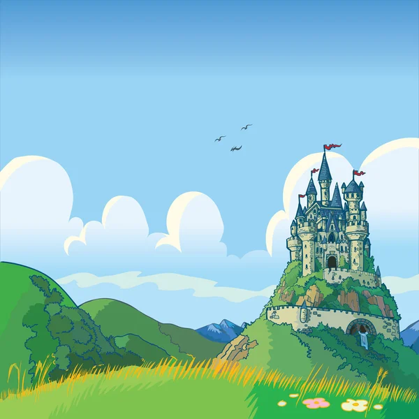 Fondo de fantasía con castillo vector de dibujos animados Ilustración — Vector de stock