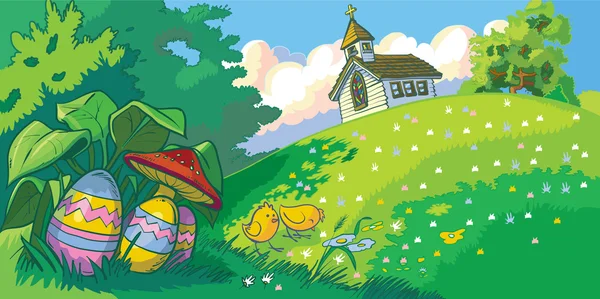 Fundo de paisagem de férias de Páscoa com Igreja e ovos Vector Cartoon Illustration — Vetor de Stock