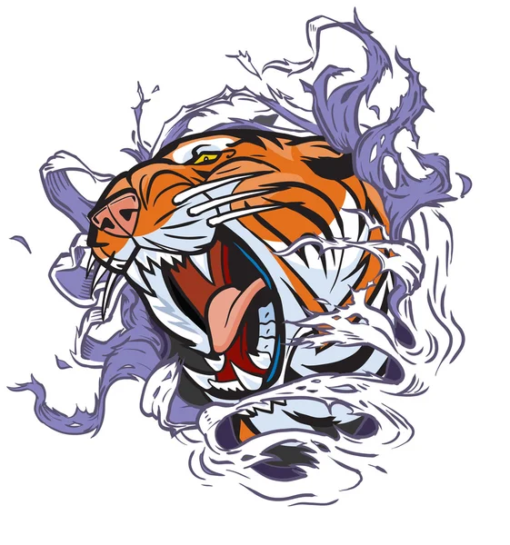 Roaring Tiger Head Ripping out Background Vector Cartoon Clip Art Illustration — Stock Vector