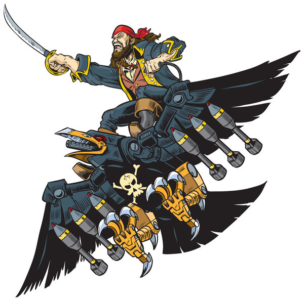 Pirate Riding Robot Crow or Raven Vector Cartoon Clip Art Illustration