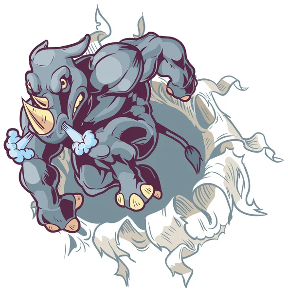 Ineengedoken mascotte Rhino rippen via papier achtergrond Vector Cartoon illustraties illustratie — Stockvector