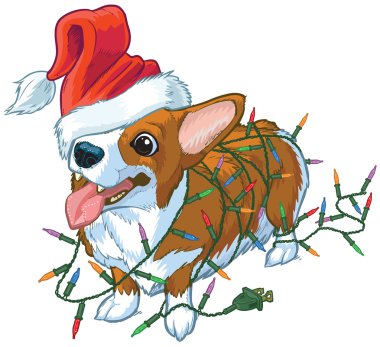 Santa Hat ve Noel Işıkları Vektör Illustratio ile Corgi Köpek