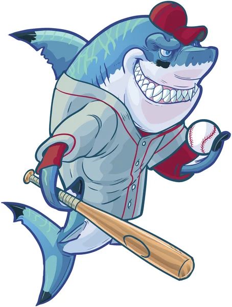 Tubarão de beisebol de desenhos animados médio com morcego e bola — Vetor de Stock