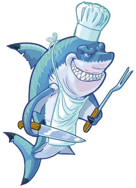 Moyenne Cartoon Shark Chef avec ustensiles de barbecue — Image vectorielle