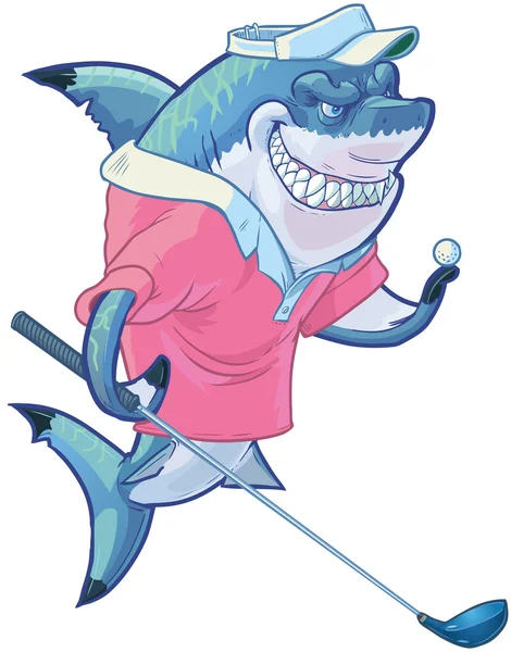 Mean cartoon Golf Shark met chauffeur en bal — Stockvector