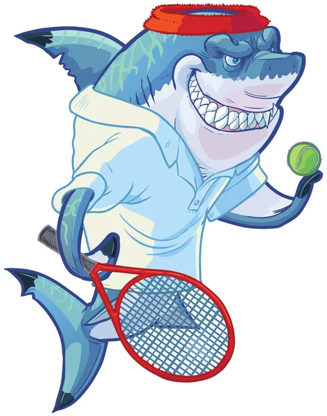 Mean Cartoon Tennis Player Shark with Racquet and Ball — Stock Vector