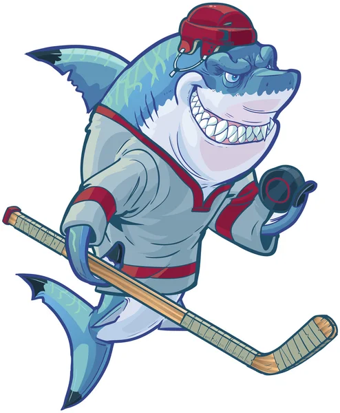 Mean Cartoon Hockey Shark with Stick and Puck — Stock Vector
