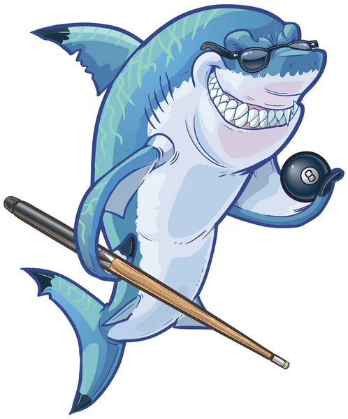 Tiburón de la piscina de dibujos animados media con Cue y bola ocho — Vector de stock