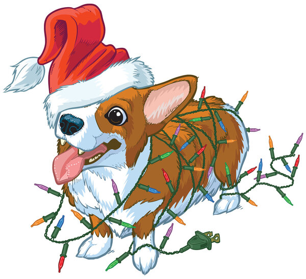 Corgi Dog with Santa Hat and Christmas Lights Vector Illustratio