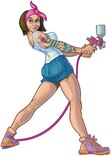 Pinup flicka med spray Gun vektor Cartoon illustration — Stock vektor