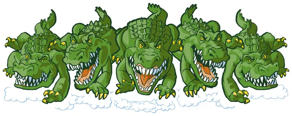 Groupe de mascottes moyennes de dessin animé d'alligator chargeant vers l'avant — Image vectorielle