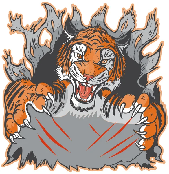 Tiger Mascot Ripping out Background and Clawing Vector Template — Stock Vector