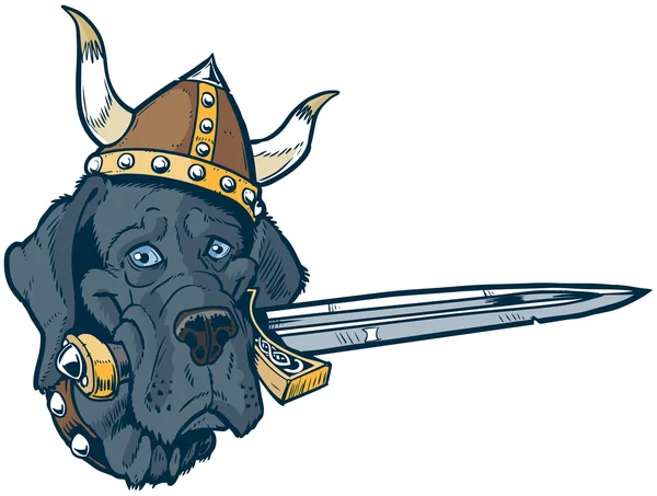 Cabeça de mascote azul Great Dane desenhos animados com capacete viking e espada — Vetor de Stock