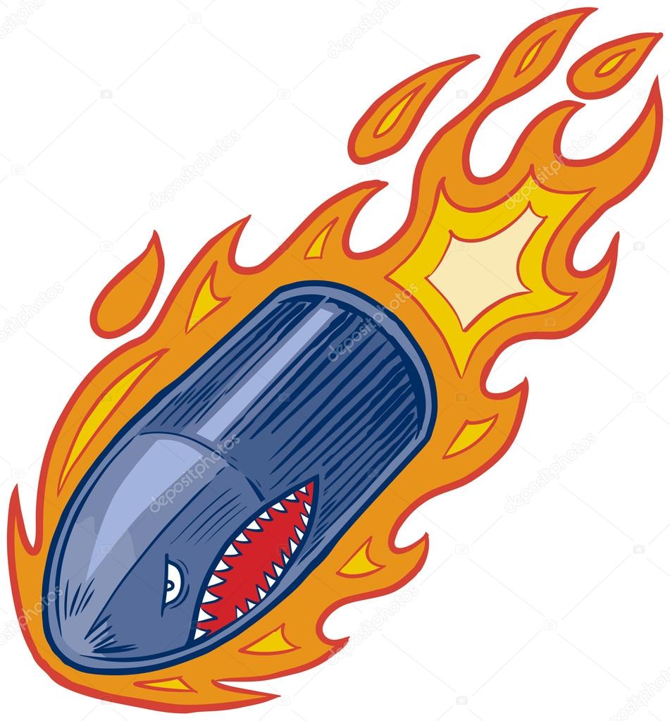Vector Flaming Bullet or Artillery Shell Mascot with Shark Face