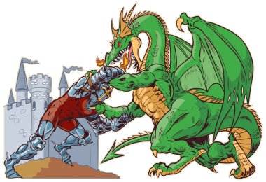 Kale arka planında sert bir ejderhayla güreşen kaslı şövalye maskotunun vektör karikatür çizimi. Ayrı katmanlardaki karakterler.