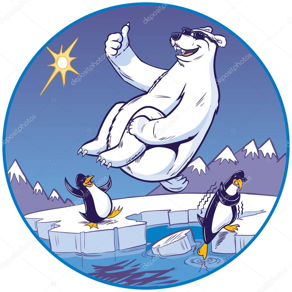 Vector cartoon clip art illustration of a cute funny polar bear mascot giving a thumbs up while doing a cannonball plunge. Penguins watch from a cold Arctic background. One penguin dips his toe in the water and shivers. Each character has sunglasses.