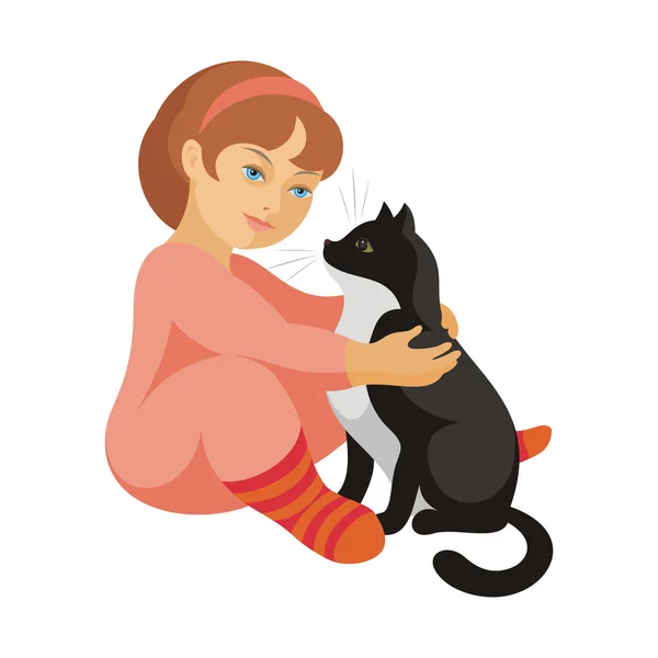 Menina e gato — Vetor de Stock