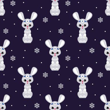 Etnik tarzda şirin bir tavşanın olduğu kusursuz bir Noel deseni. Renkli vektör arkaplanı