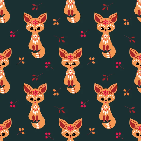 Christmas Seamless Pattern Cute Fox Ethnic Style Colorful Vector Background — Stock Vector