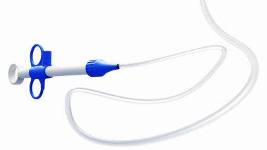 A 3D illustration image of a Colonoscope used in Colonoscopy, featuring a handle connected to a long, clear, flexible tube.